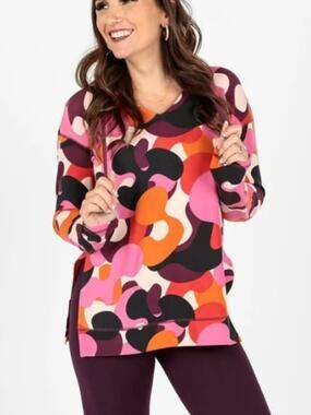 LuLaRoe Eliza Multicolor Swirl V Neck Hooded Sweater, Large